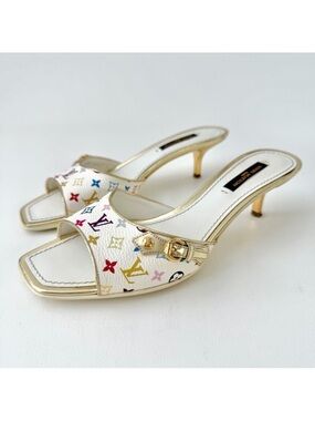 LOUIS VUITTON | White Multicolor Murakami Mule Kitten Heels Slides EU 35 Y2K